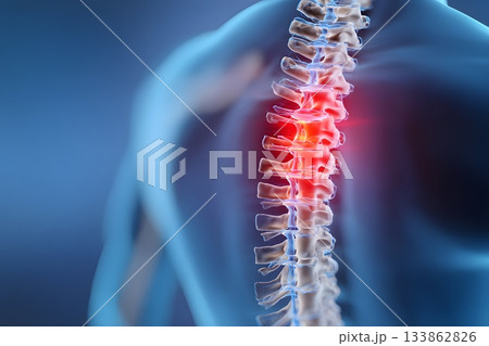 The human spine shows a glowing red area of pain.のイラスト素材 [133862826 ...