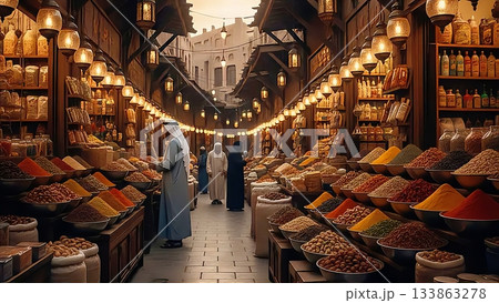 Traditional Arabic Spice Market Souk with Colorful Spices and Lanterns AI Generated 4K Image 133863278