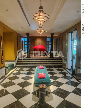 India, the lobby of the Narendra Bhawan Bikaner, a luxury hotel located in Bikaner. 133863354