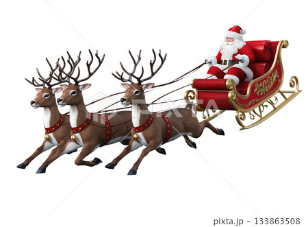 Santa Claus joyfully rides a sleigh pulled by reindeer during the holiday season Santa Claus joyfully rides a sleigh pulled by reindeer during the holiday season 133863508