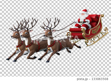Santa Claus joyfully rides a sleigh pulled by reindeer during the holiday season 133863508