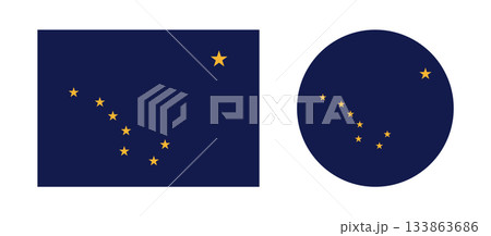 Alaska state flag icon. Alaska State circle, rectangle flag button. Rectangular, round flag of Alaska badges set. 133863686