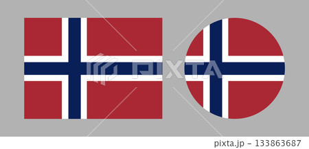 Norway round, rectangular flag. Flag of Norway button, badge set. National rectangle, circle flag Norway icons, templates. 133863687