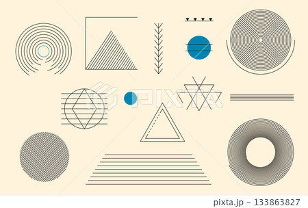 Modern abstract geometric line art shapes set with circles, triangles, and minimal linear elements on vintage background 133863827