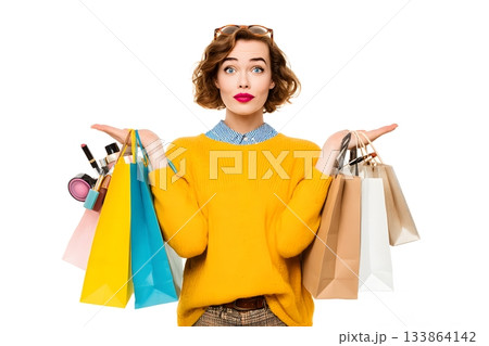A person is holding many shopping bags filled with beauty products. 133864142
