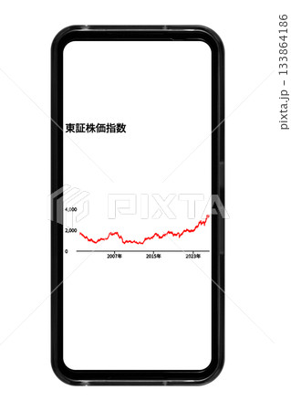 背景が白色のスマートフォン画面に長期的な株価の推移を表示させているイメージ：切り抜き透過バック素材 133864186