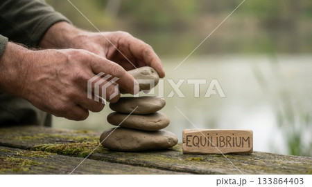 hands stacking stones beside equilibrium sign...のイラスト素材 [133864403] - PIXTA