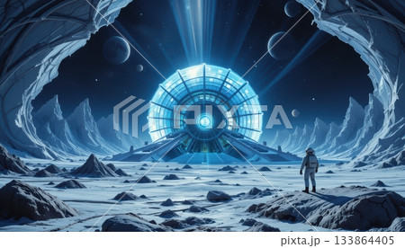 Astronaut Approaching a Luminous Alien Portal in an Ice Cavern Astronaut Approaching a Luminous Alien Portal in an Ice Cavern 133864405