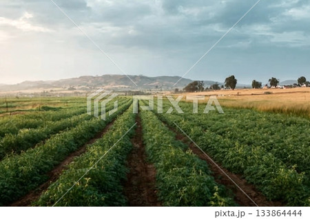 Empty farm, landscape and crops in environment, countryside and outdoor with clouds in sky. Plants, vegetables and nature with agriculture, sustainability and food production  133864444