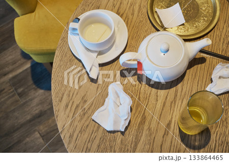 Leftover cup, teapot, and crumpled napkins on wooden table after afternoon tea Leftover cup, teapot, and crumpled napkins on wooden table after afternoon tea 133864465