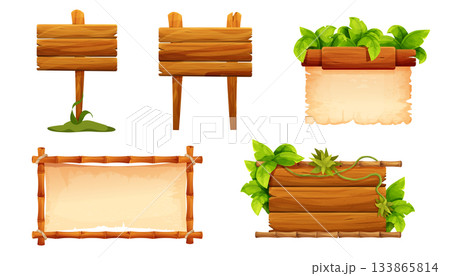 Wooden signpost set, empty board textured wood plank, parchment paper. Wood plank frames game signpost, farm garden or jungle pointing panel. Set menu ui design. Outdoor empty textured arrow 133865814