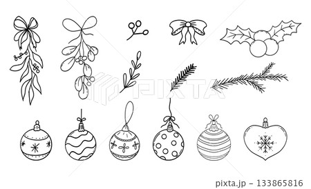 Christmas ball, isolated baubles with ornaments doodle set. Festive bows, mistletoe crayon or chalk drawing, sketch. 133865816