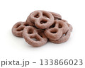 Chocolate covered pretzels isolated on white. 133866023