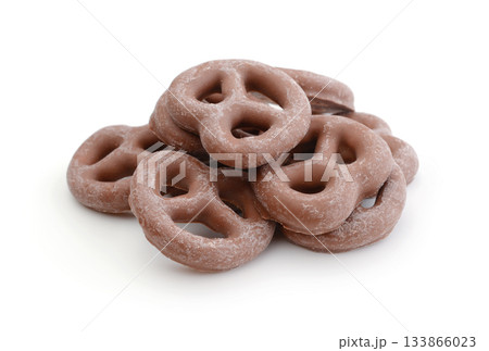 Chocolate covered pretzels isolated on white. 133866023