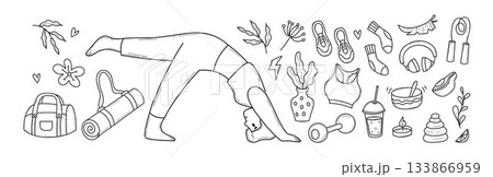 Fitness Yoga Doodle Set. Girl Athlete Stretching in Asana. Healthy Lifestyle, Sport Equipment, And Wellness Accessories Isolated Outline Hand Drawn on White. Vector illustration. Not AI Fitness Yoga Doodle Set. Girl Athlete Stretching in Asana. Healthy Lifestyle, Sport Equipment, And Wellness Accessories Isolated Outline Hand Drawn on White. Vector illustration. Not AI 133866959