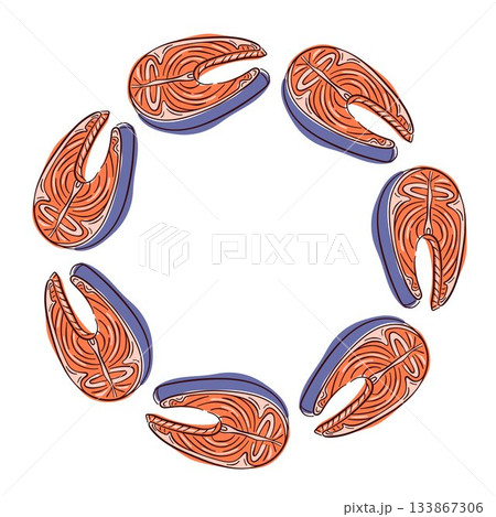 Salmon steak wreath in flat style for restaurant card. Slice of fish isolated on a white background. 133867306