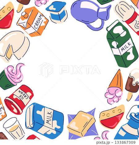 Frame with dairy product milk, cheese, butter, yogurt, cream and ice cream in flat style isolated on a white background. Frame with dairy product milk, cheese, butter, yogurt, cream and ice cream in flat style isolated on a white background. 133867309