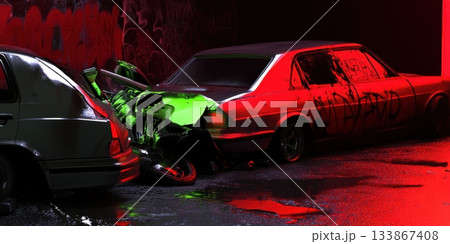 Dramatic car crash scene with damaged vehicles under red and green stage lighting effects 133867408