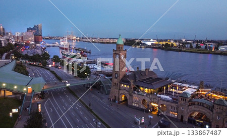 Drone panorama on Norderelbe : St.Pauli Landungsbrucken  in blue hour 133867487