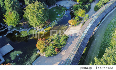 PArt of Japanese garden , blurred motion people and pedestrian passage in Hamburg PArt of Japanese garden , blurred motion people and pedestrian passage in Hamburg 133867488