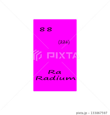 Radium element illustration. Eighty eight atomic number. Chemical symbol Ra. Magenta Vector background. 133867597