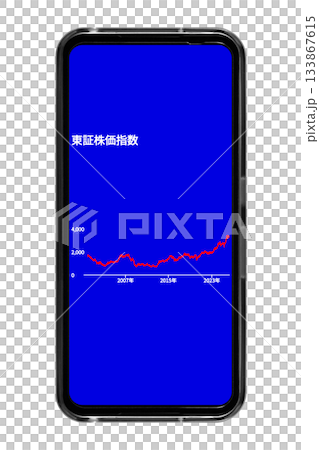 背景が青色のスマートフォン画面に長期的な株価の推移を表示させているイメージ:切り抜き透過バック素材 背景が青色のスマートフォン画面に長期的な株価の推移を表示させているイメージ:切り抜き透過バック素材 133867615