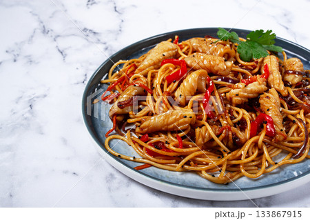 udon noodles, with squid and vegetables, on a marble table, homemade, no people, udon noodles, with squid and vegetables, on a marble table, homemade, no people, 133867915