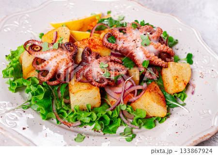 Grilled octopus with baked potatoes and fresh herbs, on a decorative light plate, homemade, no people Grilled octopus with baked potatoes and fresh herbs, on a decorative light plate, homemade, no people 133867924