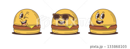 Playful Cartoon Hamburger Character Vector Illustration Set With Winking Expression And Sunglasses Playful Cartoon Hamburger Character Vector Illustration Set With Winking Expression And Sunglasses 133868103