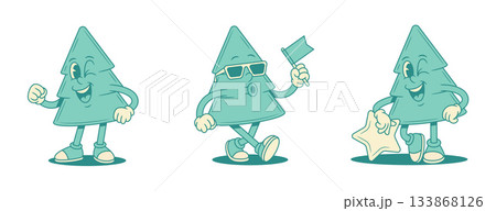 Comic smiling green fir tree cartoon character set contoured vector flat illustration 133868126