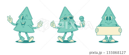 Cheerful funny green fir tree cartoon character set contoured vector flat illustration Cheerful funny green fir tree cartoon character set contoured vector flat illustration 133868127