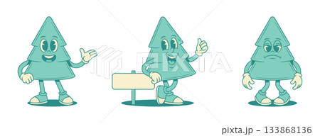 Comic cheerful green fir tree cartoon character set contoured vector flat illustration 133868136