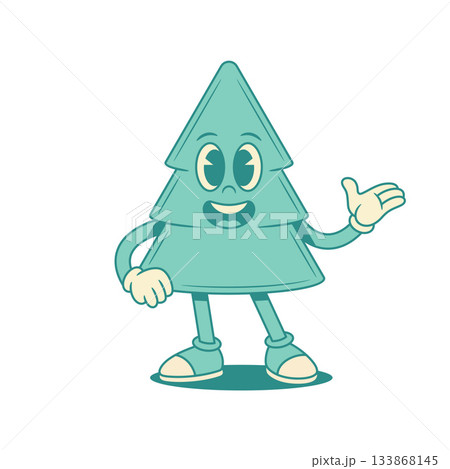 Positive Christmas green fir tree cartoon character presenting contoured vector flat 133868145