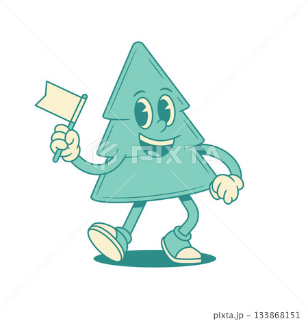 Cheerful funny green fir tree Christmas cartoon character with flag contoured vector flat Cheerful funny green fir tree Christmas cartoon character with flag contoured vector flat 133868151