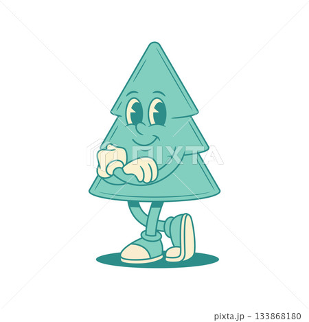 Cute smiling green fir tree Christmas cartoon character standing contoured vector flat 133868180