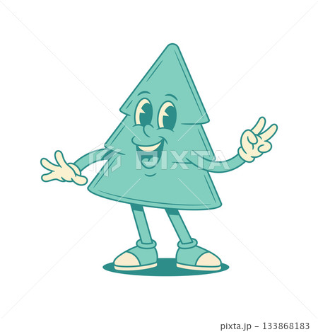 Smiling green fir tree Christmas cartoon character peace gesture contoured vector flat Smiling green fir tree Christmas cartoon character peace gesture contoured vector flat 133868183