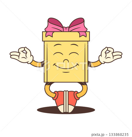 Meditation Cartoon Gift Box Character Sitting In Lotus Pose With Pink Bow Vector Illustration Meditation Cartoon Gift Box Character Sitting In Lotus Pose With Pink Bow Vector Illustration 133868235