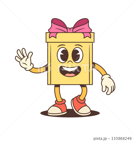 Friendly Cartoon Gift Box Character Waving Hello With Pink Ribbon Vector Illustration Friendly Cartoon Gift Box Character Waving Hello With Pink Ribbon Vector Illustration 133868249