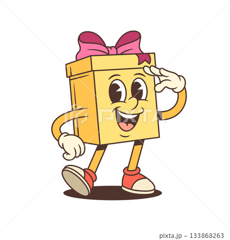 Cheerful Cartoon Gift Box Character Saluting With Pink Bow Vector Illustration Cheerful Cartoon Gift Box Character Saluting With Pink Bow Vector Illustration 133868263