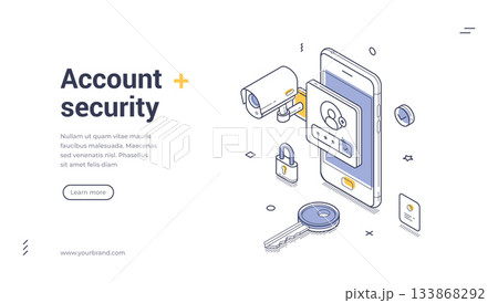 Account Security and Digital Data Protection with Smartphone and Shield Isometric Web Banner Vector Template 133868292