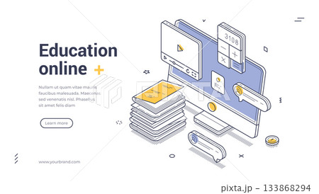 Online Education And E-Learning Digital Classroom With Laptop And Books Isometric Web Banner Vector Template Online Education And E-Learning Digital Classroom With Laptop And Books Isometric Web Banner Vector Template 133868294