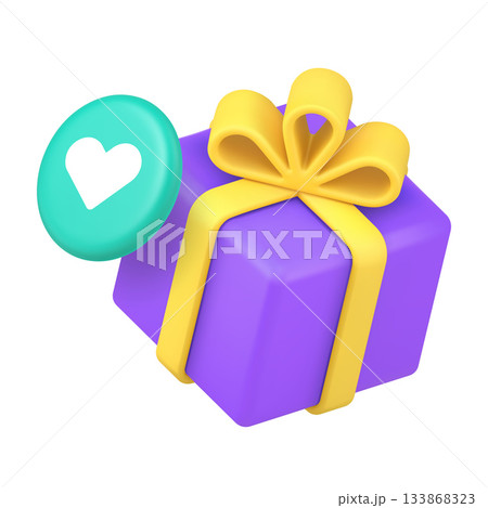 3D Realistic Icon Purple Gift Box With Yellow Bow And Blue Heart For Present Love 133868323