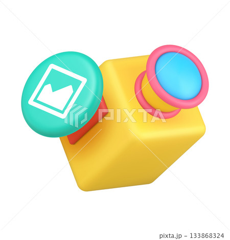 3D Realistic Icon Yellow Video Camera And Mountain Landscape Picture For Media Production 3D Realistic Icon Yellow Video Camera And Mountain Landscape Picture For Media Production 133868324