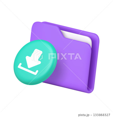 3D Realistic Icon Purple Document Folder And Blue Download Arrow For File Management 133868327