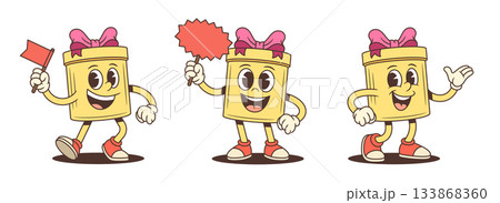 Three Welcoming Gift Box Cartoon Characters Holding Flag And Sign Vector Set Three Welcoming Gift Box Cartoon Characters Holding Flag And Sign Vector Set 133868360