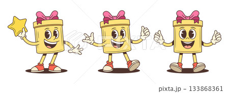 Three Positive Gift Box Cartoon Characters Holding Star And Gesturing Vector Set Three Positive Gift Box Cartoon Characters Holding Star And Gesturing Vector Set 133868361
