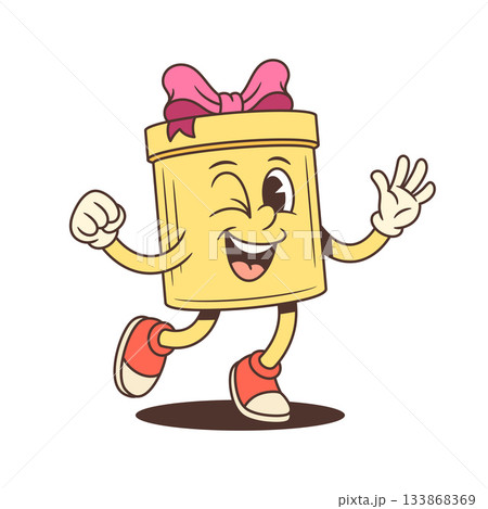 Cartoon Gift Box Character Vector Illustration With Pink Ribbon And Cheerful Mascot Pose 133868369
