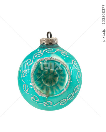 Vintage glass Christmas ball ornament: turquoise teal sphere with recessed center on white Vintage glass Christmas ball ornament: turquoise teal sphere with recessed center on white 133868377