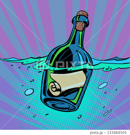 A bottle with a note in water. Message in glass. A business offer for clients. A bottle with a note in water. Message in glass. A business offer for clients. 133868505