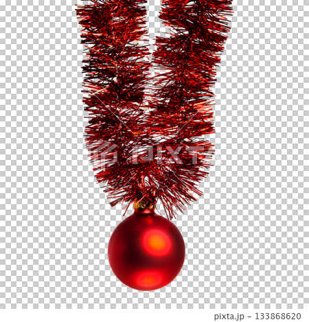 Red Christmas tree ball and Christmas garland on a transparent background 133868620